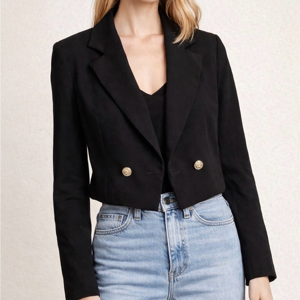 Joie Black Cropped Double-Breasted Blazer with Gold Buttons